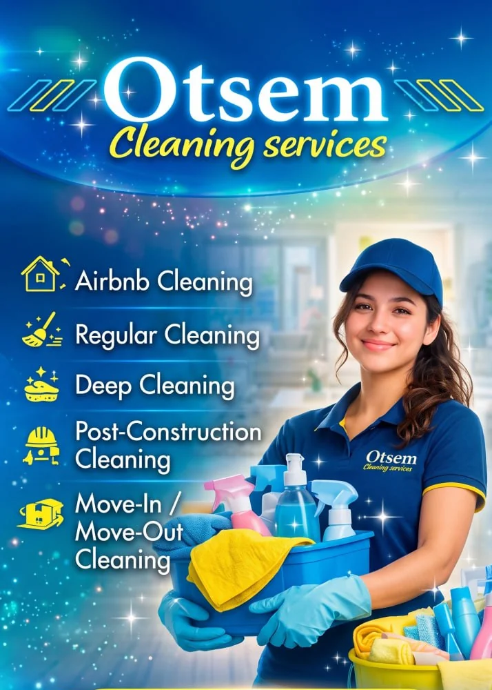 Otsem Cleaning Services team member in uniform with her cleaning caddy